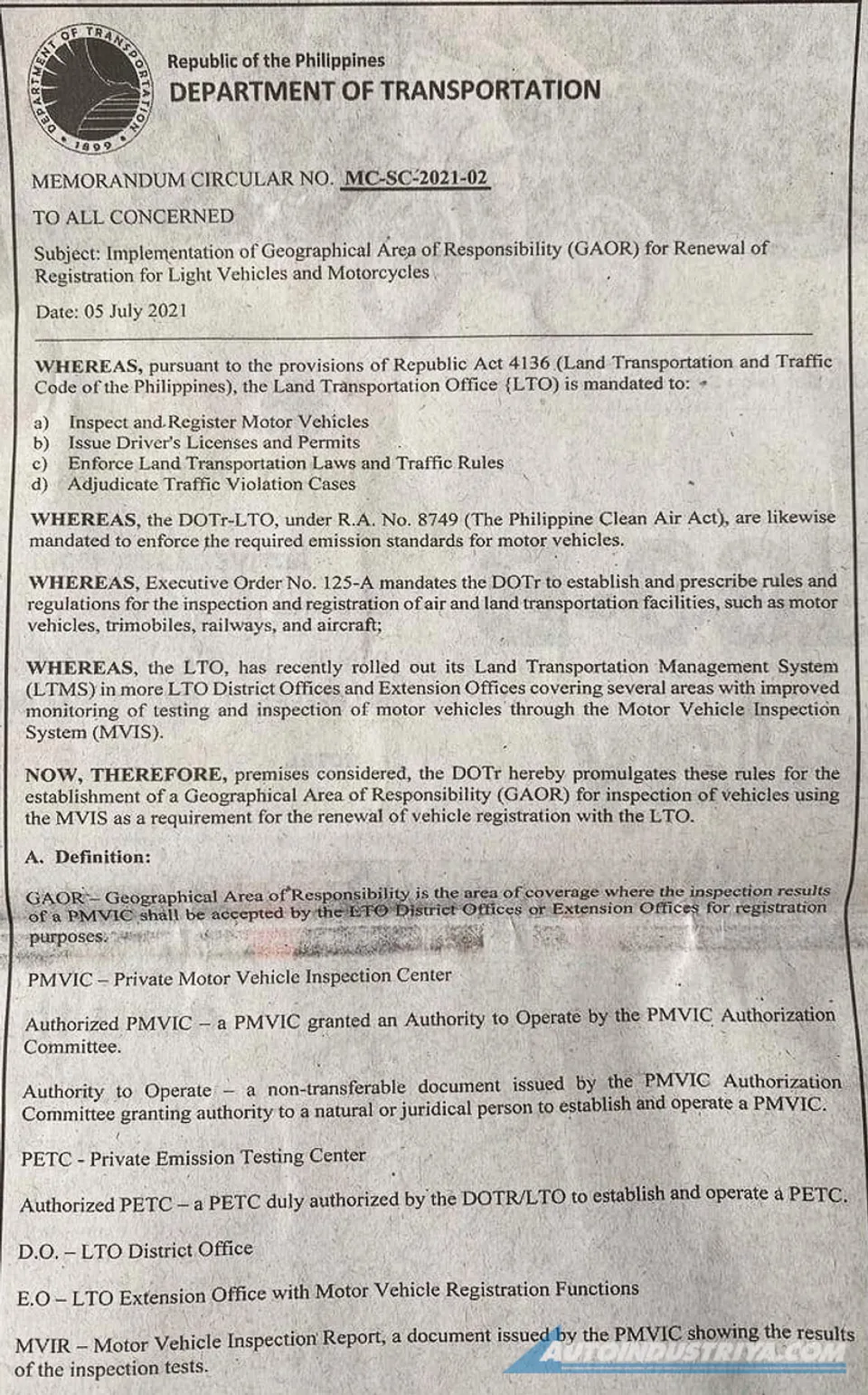 DOTr: LTO will only accept MVIR from PMVIC within area of ...