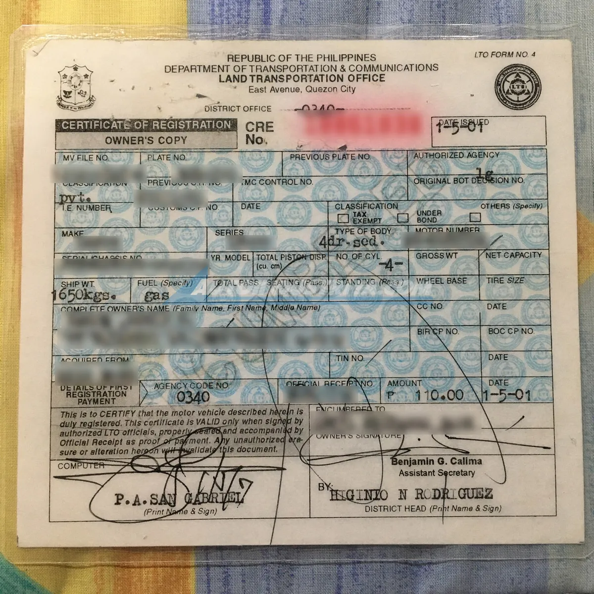 This is the LTO's new motor vehicle certificate of registration ...