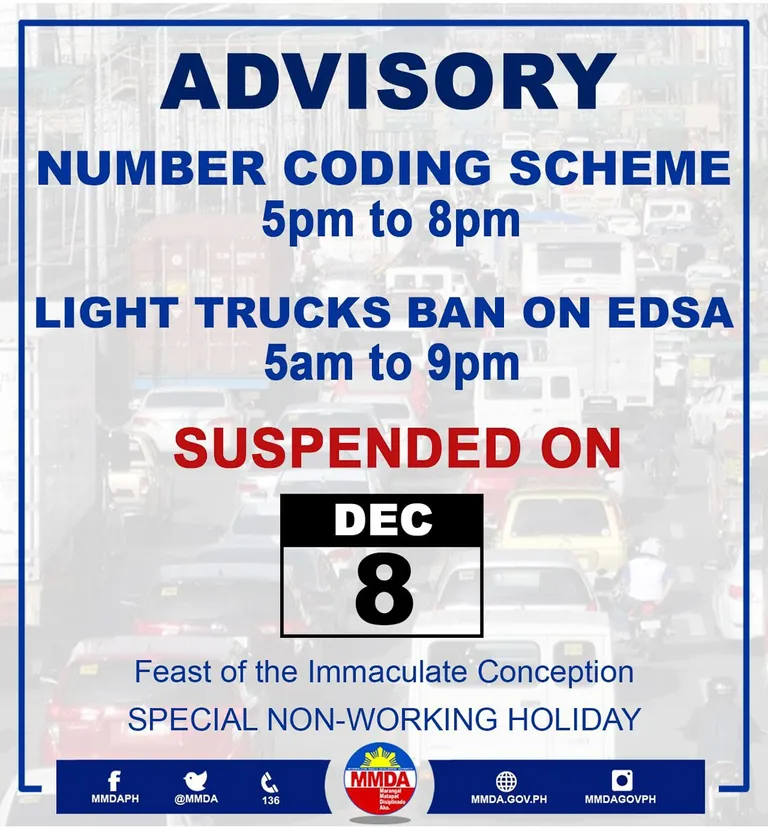 MMDA: Number coding scheme suspended on Dec 8 | AutoIndustriya