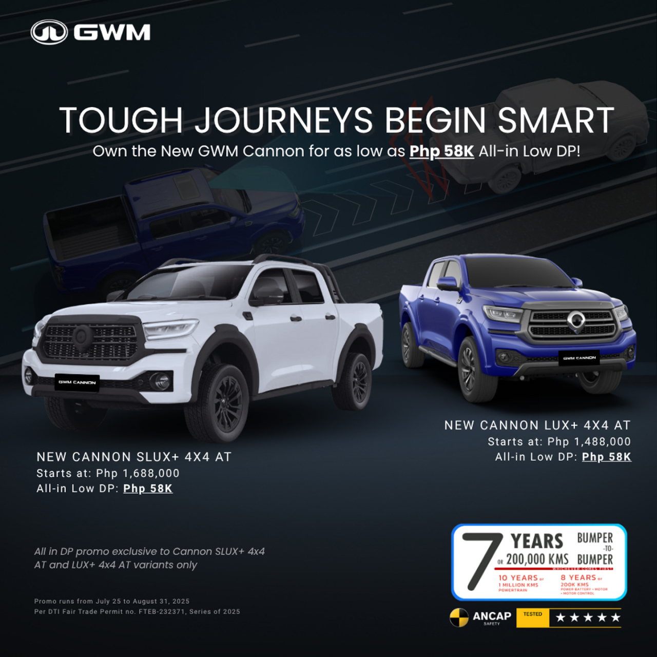 GWM offers 2025 Cannon SLux 4x4 at PHP 58K DP this August