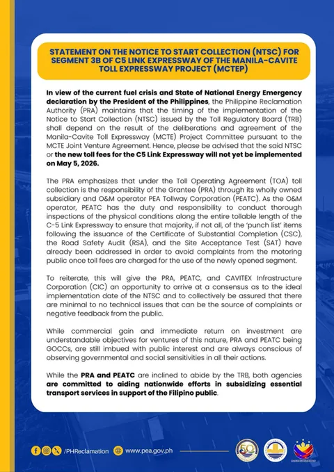Toll collection for C5 Link Segment 3B postponed until further notice ...