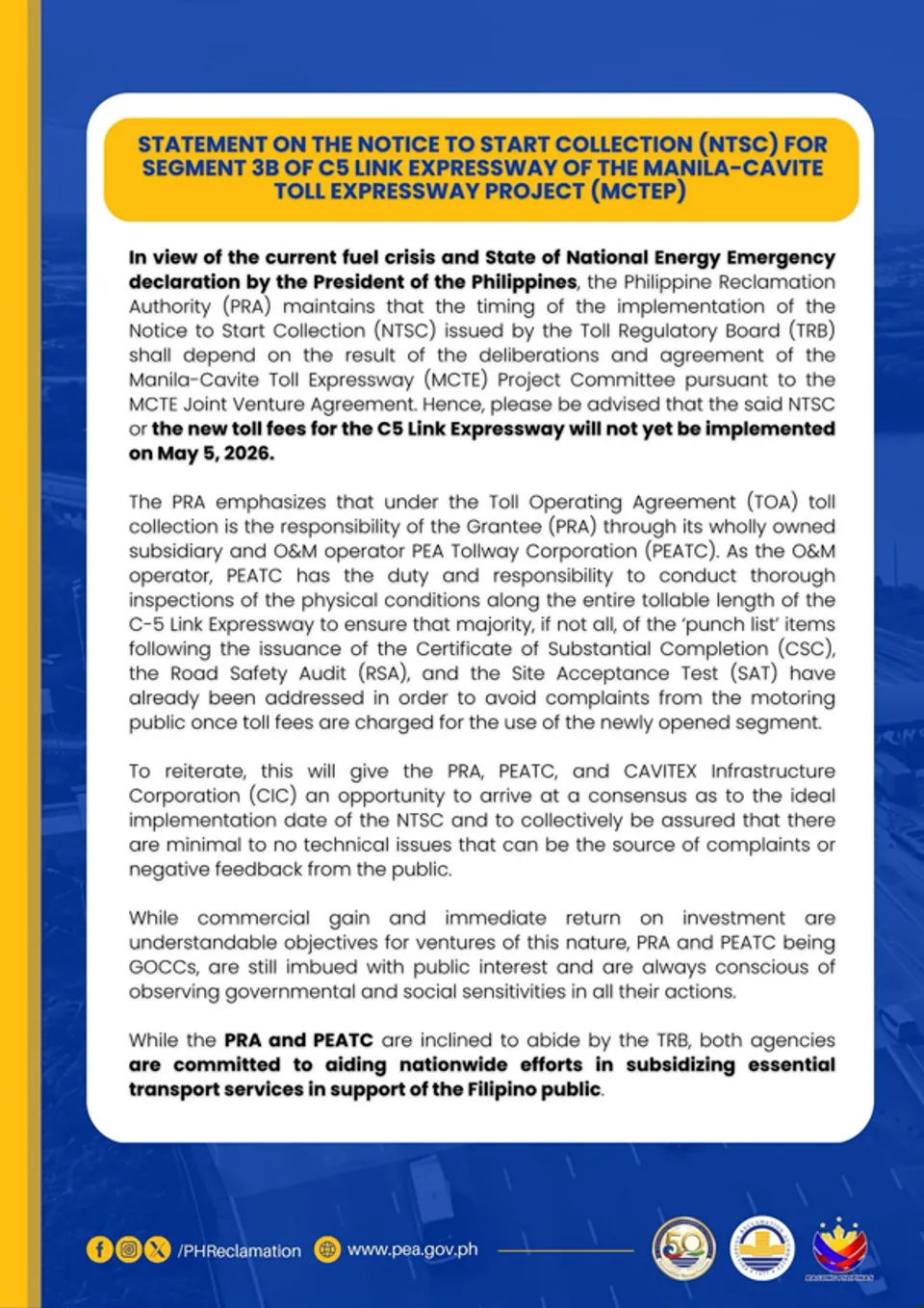 Toll collection for C5 Link Segment 3B postponed until further notice ...
