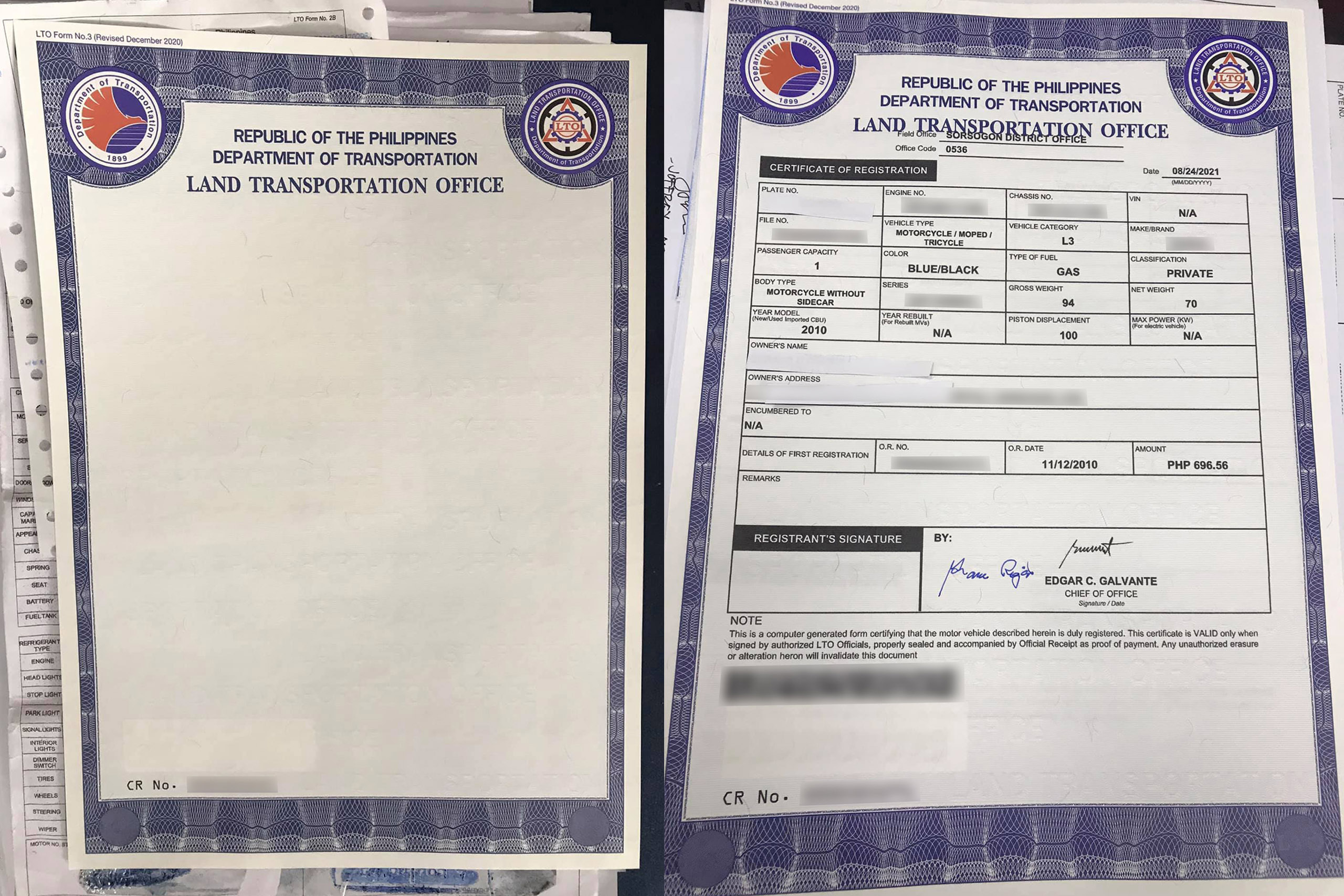 This is the LTO's new motor vehicle certificate of registration ...