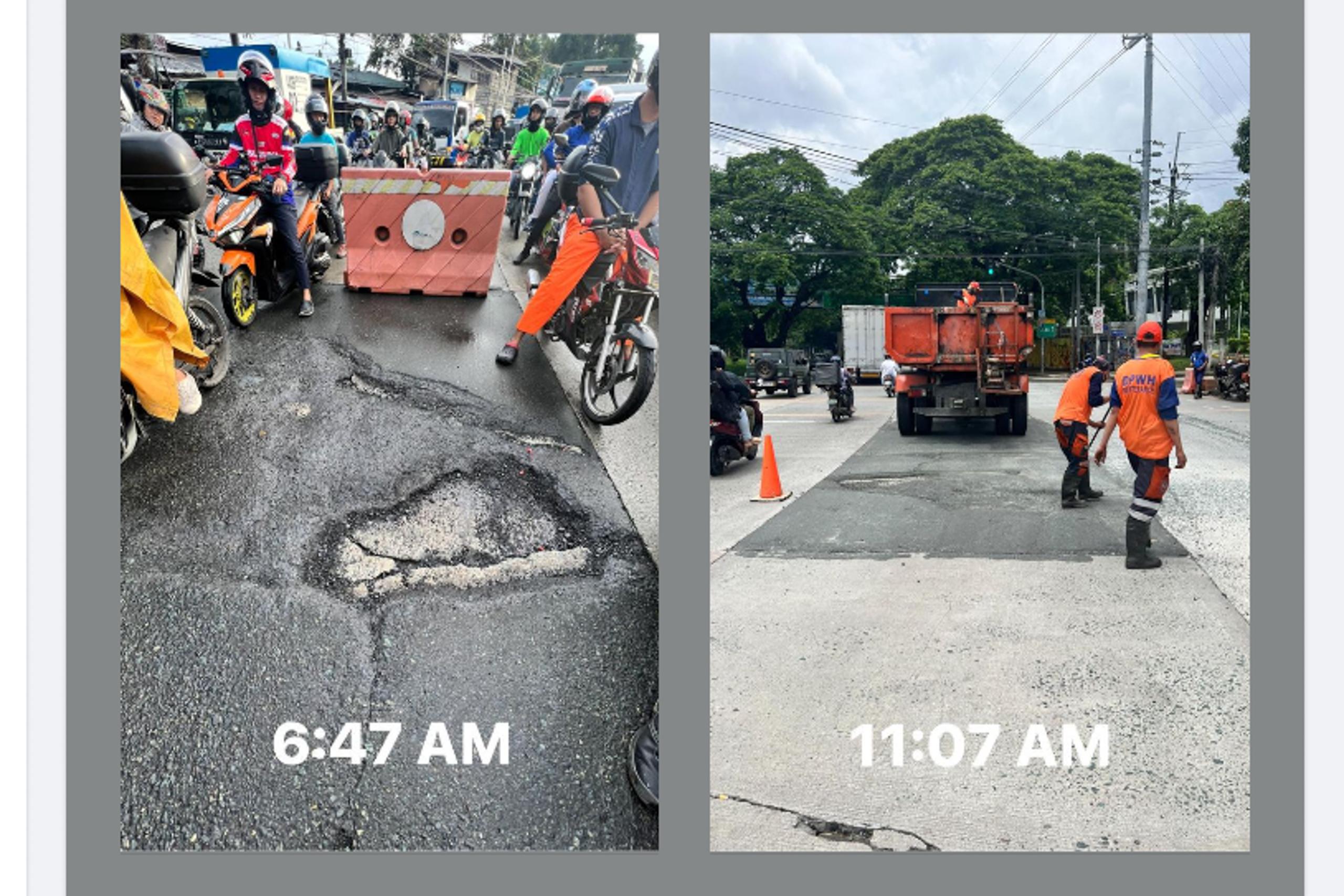 DPWH fixes pothole 4 hours after report by Nebrija
