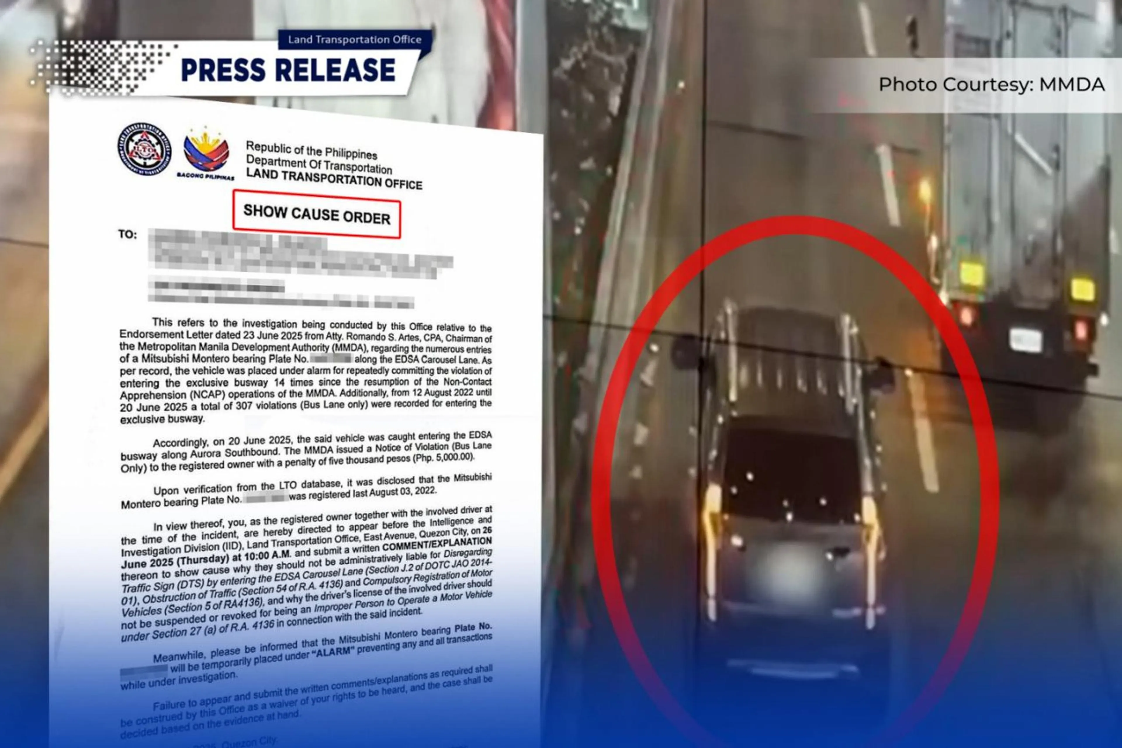 Owner, driver wanted by LTO for violating EDSA busway 307 times