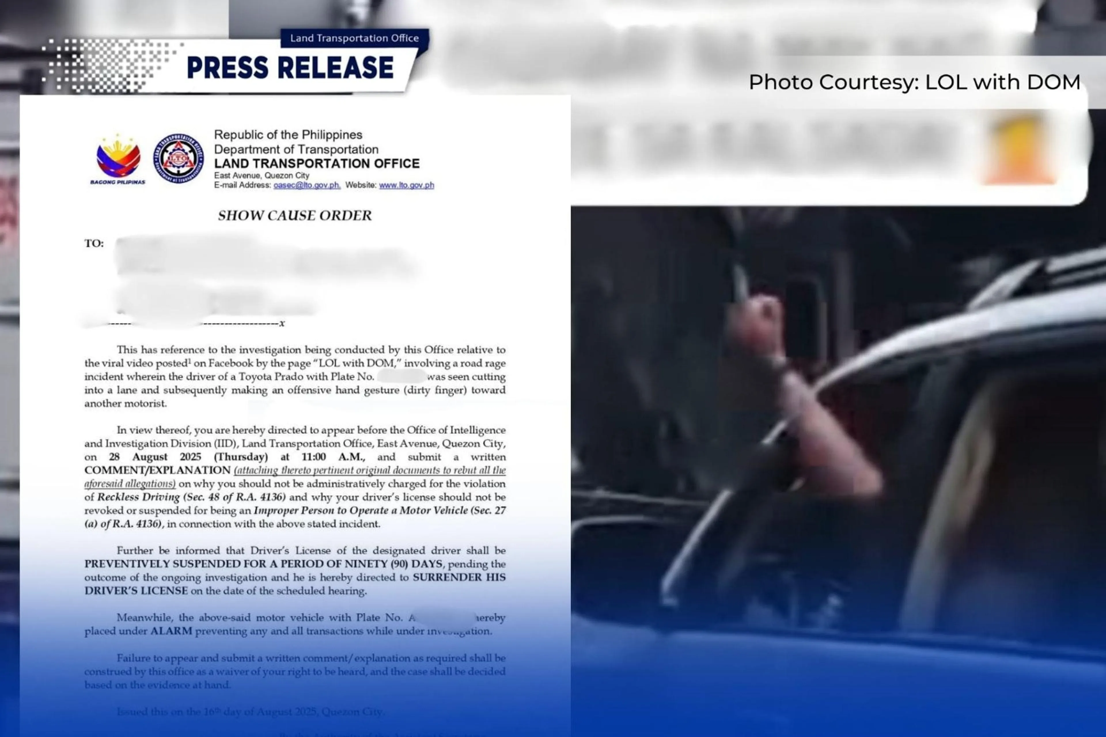 LTO suspends driver for giving the finger
