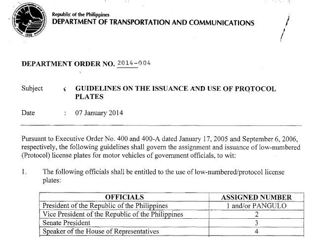 DOTC issues new rules for Protocol Plates of government officials ...